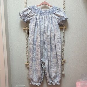 Smocked Floral Puff-Sleeve Baby One-Piece in Light Blue and White